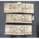 THREE LARGE 19TH CENTURY INDIAN CARVED MARBLE BUDDHISTIC TEMPLE PANELS decorated with figures in var