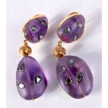 A PAIR OF GOLD AMETHYST AND DIAMOND EARRINGS. 49 grams. 7 cm x 2 cm.