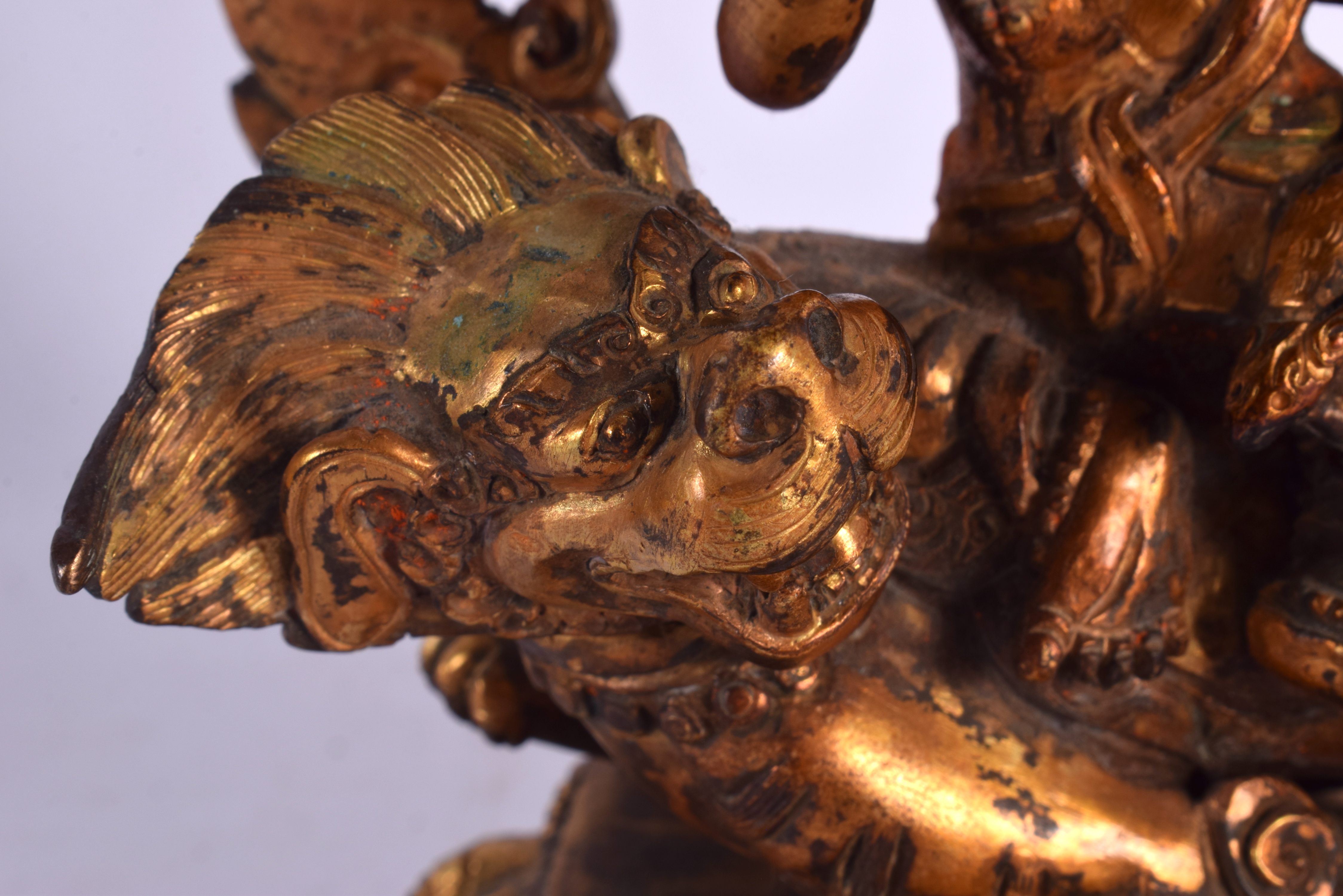 A 19TH CENTURY CHINESE TIBETAN GILT BRONZE FIGURE OF A BUDDHA modelled riding upon a beast. 19 cm x - Bild 8 aus 27