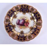 Royal Worcester plate painted with fruit under an elaborately gilded cobalt blue border by E. Philli