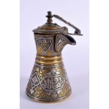 A RARE 19TH CENTURY MIDDLE EASTERN SILVER INLAID CHOCOLATE POT decorated with calligraphy. 15 cm x 1