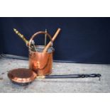 A VICTORIAN COPPER BUCKET together with tools and a bed warmer etc. (qty)
