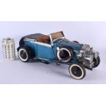 A CHARMING SCRATCH BUILT VINTAGE TIN PLATE CAR. 40 cm x 15 cm.