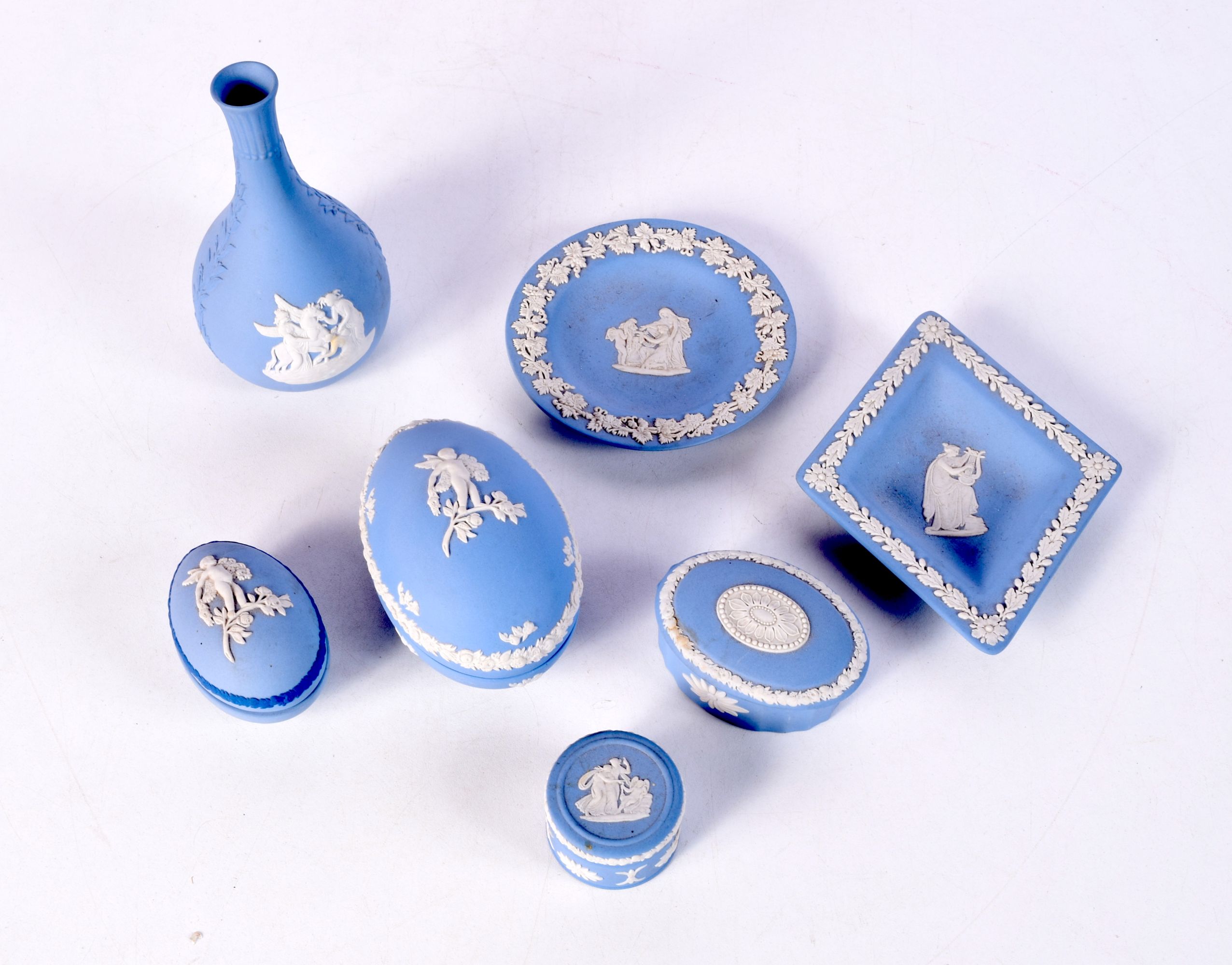 A collection of Wedgwood Jasperware pots, dishes vases etc 14 cm (7).