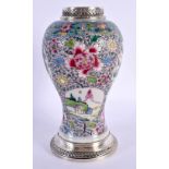 AN 18TH CENTURY CHINESE FAMILLE ROSE PORCELAIN VASE Yongzheng/Qianlong, with fine French silver moun