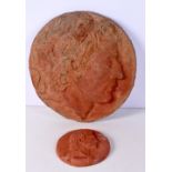 TWO GRAND TOUR TYPE POTTERY PLAQUES After the Antiquity. Largest 30 cm diameter. (2)