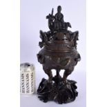 A LARGE 18TH/19TH CENTURY CHINESE TWIN HANDLED BRONZE CENSER AND COVER Ming style, overlaid with shr