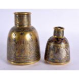 A RARE 19TH CENTURY MIDDLE EASTERN SILVER INLAID BOTTLE NECK VASE decorated with buildings, together