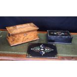 A VICTORIAN WALNUT TEA CADDY together with a Victorian lacquer box and blotter. Largest 35 cm x 20 c
