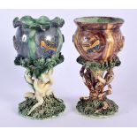 A RARE PAIR OF ANTIQUE PORTUGUESE MAFFA MINIATURE MAJOLICA PLANTERS of naturalistic form. 13.5 cm hi