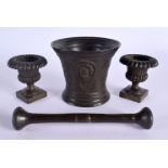 A 19TH CENTURY EUROPEAN PESTLE AND MORTAR together with small pair of antique grand tour bronze urns