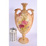 Royal Worcester two handled blush ivory vase, shape 2330, painted with flowers on a scale moulded bo