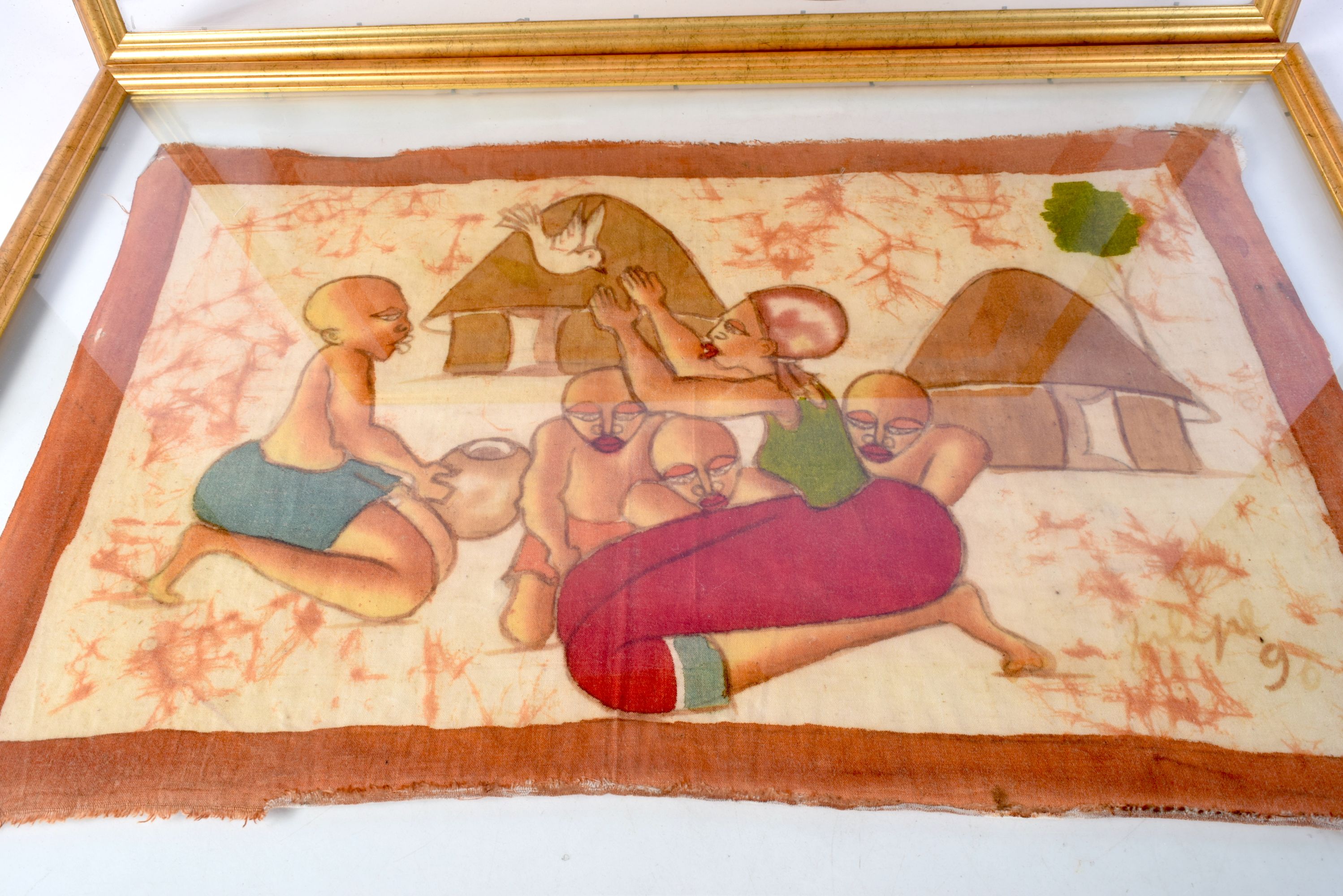 A pair of framed painted fabrics depicting tribal subjects 37 x 52 cm (2). - Image 3 of 4