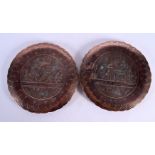 A PAIR OF 19TH CENTURY MIDDLE EASTERN EGYPTIAN STYLE SILVER INLAID DISHES decorated with figures. 22