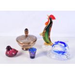 A collection of glass items including a Venetian Cockeral, lidded dish etc largest 26 cm (5).