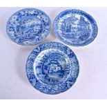 A 19TH CENTURY DAVENPORT BLUE AND WHITE POTTERY PLATE together with two other blue and white landsca