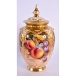 Royal Worcester pot pourri vase and cover painted with fruit by Roberts, black mark shape 168A/H. 15