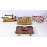 A collection of inkwells including a Limoges, brass and metal inkwells together with a brass letter