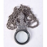 A CONTINENTAL SILVER MAGNIFYING GLASS ON A CHAIN. Magnifier stamped 900, Chain 72cm, Pendant 6.6cm