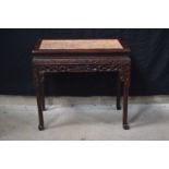 A Chinese 19th Century Carved hardwood table with marble insert 83 x 87 x 47 cm.