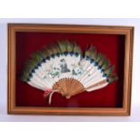 A FRAMED 19TH CENTURY CHINESE KINGFISHER FEATHER FAN. 68 cm x 42 cm.