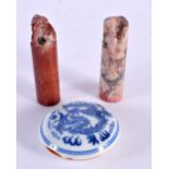 A PAIR OF CHINESE SOAPSTONE SEALS 20th Century, and a paste box. Largest 7 cm high. (3)