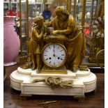 A LARGE 19TH CENTURY FRENCH BRONZE AND MARBLE MANTEL CLOCK. 40 cm x 32 cm.