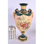 Royal Worcester two-handled pedestal vase, painted in the style of Frank Roberts, with a spray of wa