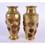 A PAIR OF 19TH CENTURY JAPANESE MIXED METAL BRONZE VASES decorated with birds. 12 cm high.