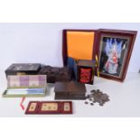 A collection of Chinese items, carved wooden boxes, coins, lacquered, chop sticks , Cinnabar etc lar