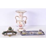 A FINE 19TH CENTURY EUROPEAN ENAMELLED DESK STAND together with a delft inkwell & a C1840 vase. Larg