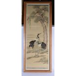 A 19TH CENTURY JAPANESE MEIJI PERIOD SILK PANEL depicting birds in landscapes. 115 cm x 30 cm.