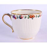 18th century Chelsea Derby reeded coffee cup painted with a chain of flowers under a dentil gilt bor