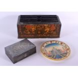 A KASHMIR LACQUER COUNTRY HOUSE LETTER RACK together with silver inlaid Middle eastern steel box and