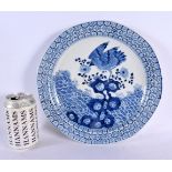 A RARE 19TH CENTURY CHINESE BLUE AND WHITE PORCELAIN PLATE Qing, painted with a hawk. 28 cm wide.