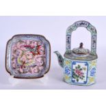 A 19TH CENTURY CHINESE CANTON ENAMEL SQUARE FORM DISH together with a similar teapot and cover. Larg