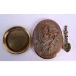 A 19TH CENTURY INDIAN REPOUSSE DECORATED COPPER PLAQUE together with a bronze dish & spoon. Largest