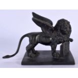 A 19TH CENTURY EUROPEAN GRAND TOUR BRONZE FIGURE OF A WINGED LION modelled upon a rectangular base.