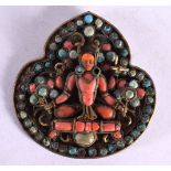 A 19TH CENTURY TIBETAN CORAL AND TURQUOISE BUDDHA BROOCH. 20 grams. 5.5 cm wide.