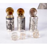 THREE VICTORIAN SILVER SCENT BOTTLES by Samson Morden. London 1881 & 1882. 150 grams. 5.5 cm x 2.5 c