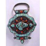 A 19TH CENTURY TIBETAN TRIBAL SILVER TURQUOISE AND CORAL HANGING PENDANT BOX with filigree decoratio