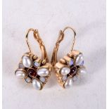 A PAIR OF ANTIQUE OPAL GARNET AND PEARL EARRINGS. 10 grams. 2.5 cm x 1.75 cm.