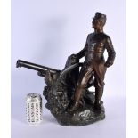 A RARE LARGE 19TH CENTURY EUROPEAN SPELTER FIGURE OF A MILITARY MALE modelled standing beside a fiel