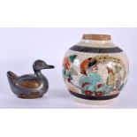 A LATE 19TH CENTURY CHINESE PEWTER DUCK BOX AND COVER together with a crackle glazed ginger jar & co