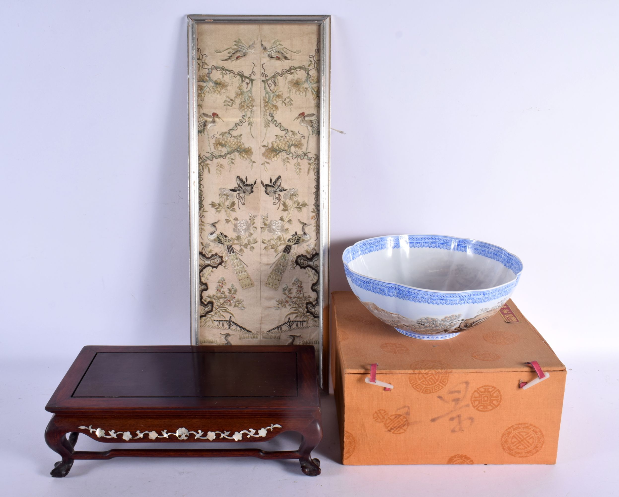 A CHINESE REPUBLICAN PERIOD HARDWOOD MOTHER OF PEARL INLAID STAND together with a framed silk & a la