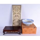 A CHINESE REPUBLICAN PERIOD HARDWOOD MOTHER OF PEARL INLAID STAND together with a framed silk & a la