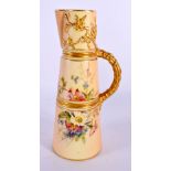 Royal Worcester blush ivory two-banded claret jug, painted with wayside flowers and foliage, reeded