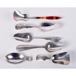 SIX ASSORTED SILVER CADDY SPOONS. Four with hallmarks, Largest 11.9cm x 2.8cm, total weight 58g
