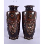 A PAIR OF 19TH CENTURY JAPANESE MEIJI PERIOD CLOISONNE ENAMEL VASES decorated with birds and foliage