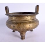 A 19TH CENTURY CHINESE TWIN HANDLED BRONZE CENSER bearing Xuande marks to base. 15 cm x 13 cm.